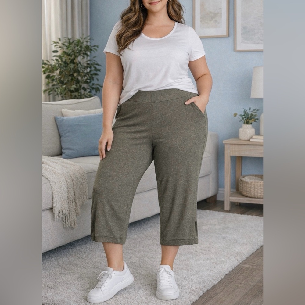 Zac & Rachel Women’s Pull-On Knit Wide Leg Cropped Pants Olive Green Size 2X